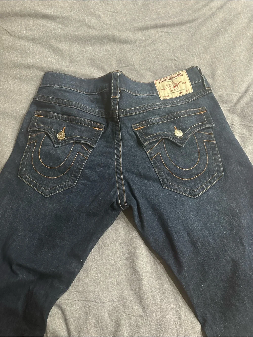 True Religion Men’s Dark Blue Boot Cut Jeans with Signature Pocket Stitch